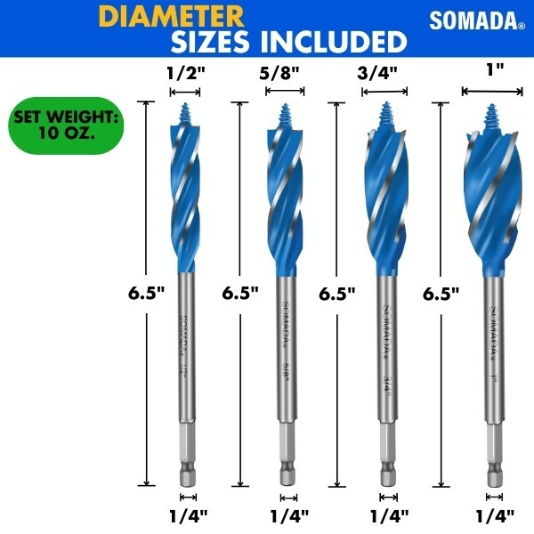 SOMADA Auger Drill Bit Set for Wood, 4-Piece, 1/2", 5/8", 3/4" and 1" Inch Size