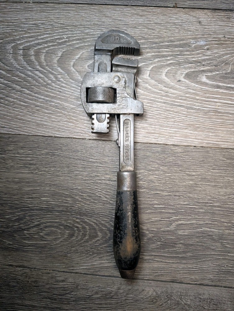 Antique Threadwell 10" Adjustable Pipe Monkey Wrench Wood Handle