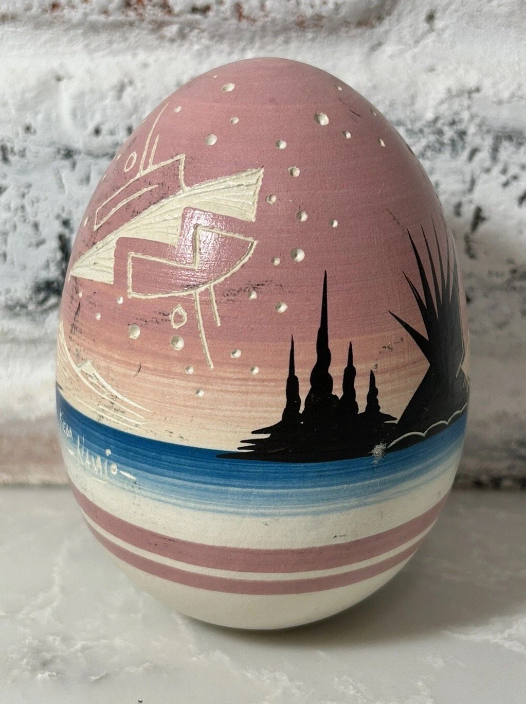 VTG Navajo Keda Dineh Native American Pottery Egg Hand Painted Carved Signed