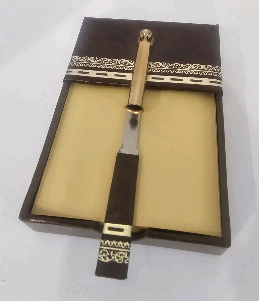 Vintage Desk Set Letter Opener Memo Holder Faux Leather Gold Office Desk...