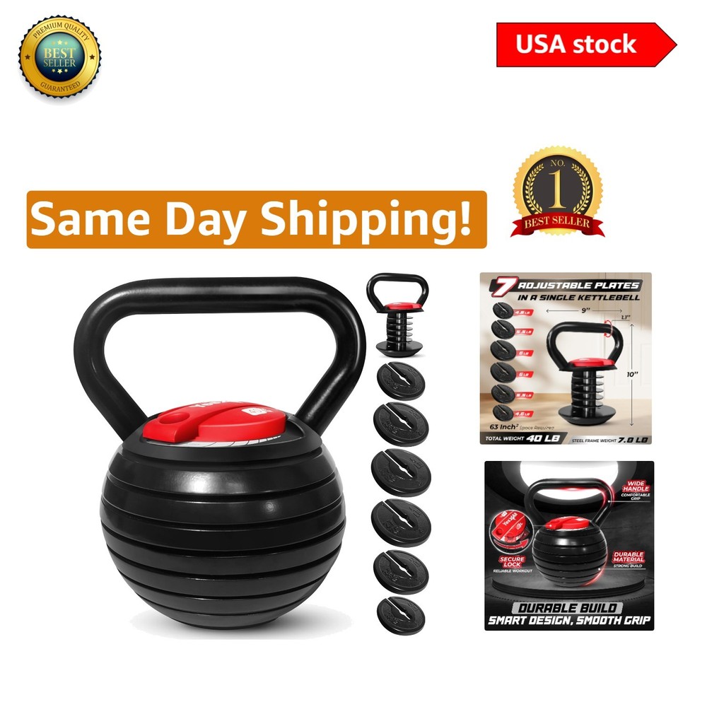 40 LB Heavy-Duty Adjustable Kettlebell - Solid Cast Iron with Quick Adjustments