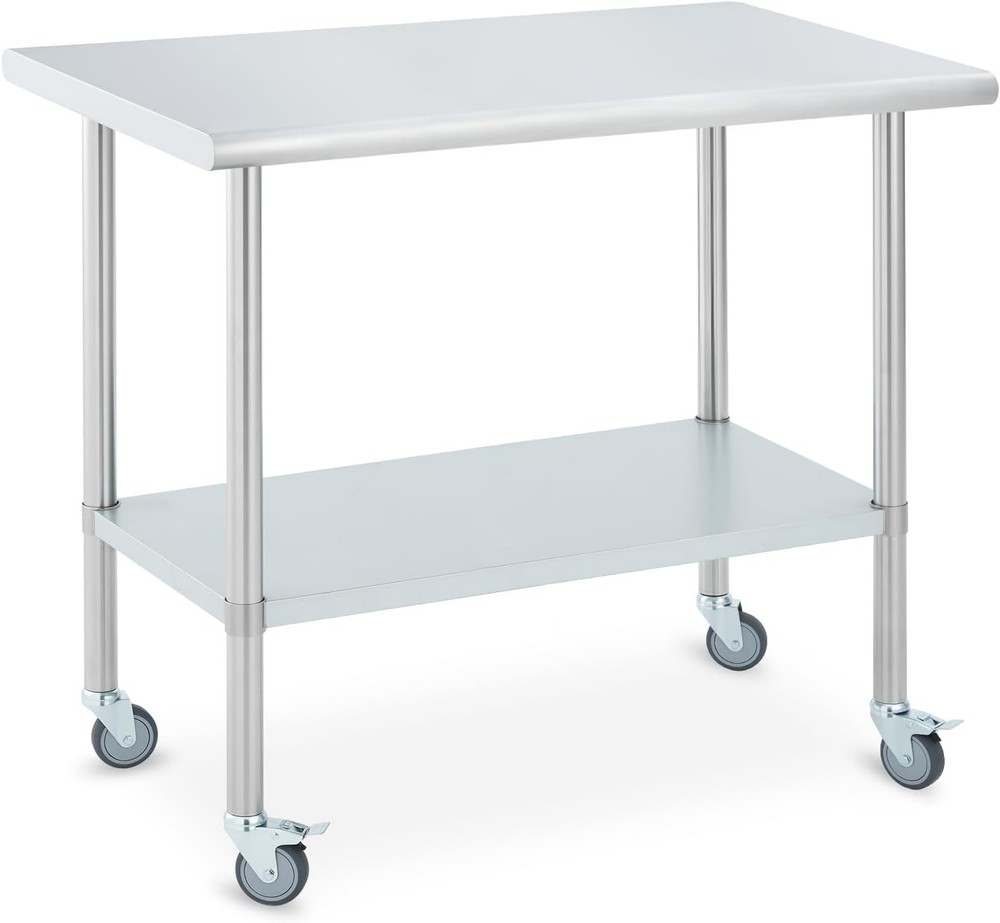 Stainless Steel Table with Locking Wheels Worktable with Adjustable Under Shelf