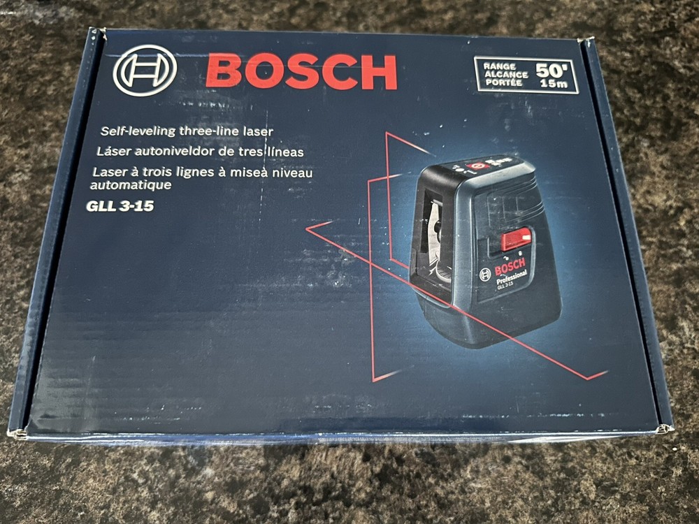 ^ BOSCH Self-Leveling Three-Line Laser Range 50' Model GLL 3-15