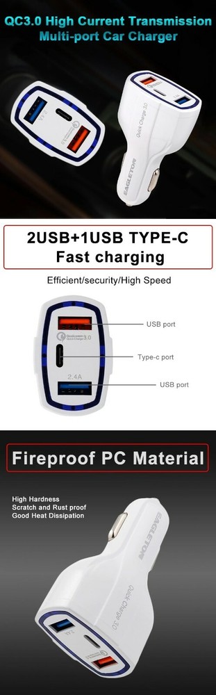 QC 3.0 Car Super Fast Charger 2x USB 1x USB-C Power Adapter Cigar Lighter Socket