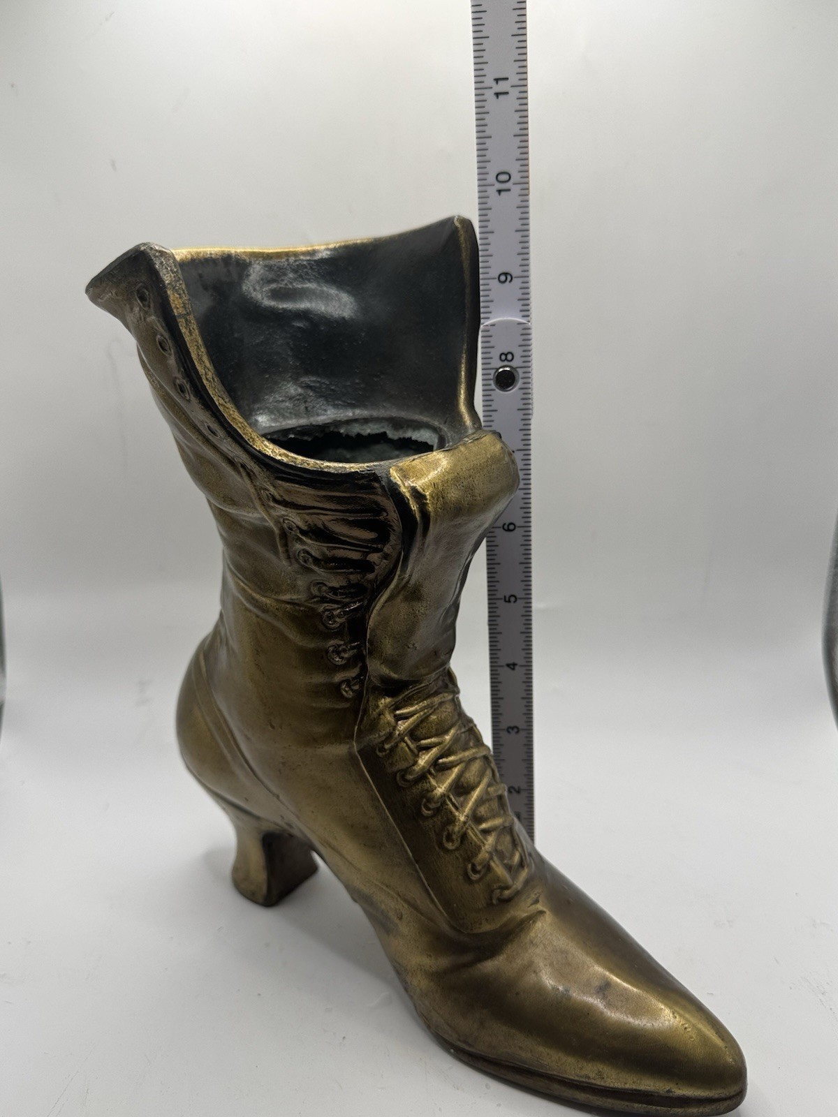 Vintage Brass Victorian Boot Vase Planter Lace Up Shoe Decor 10”