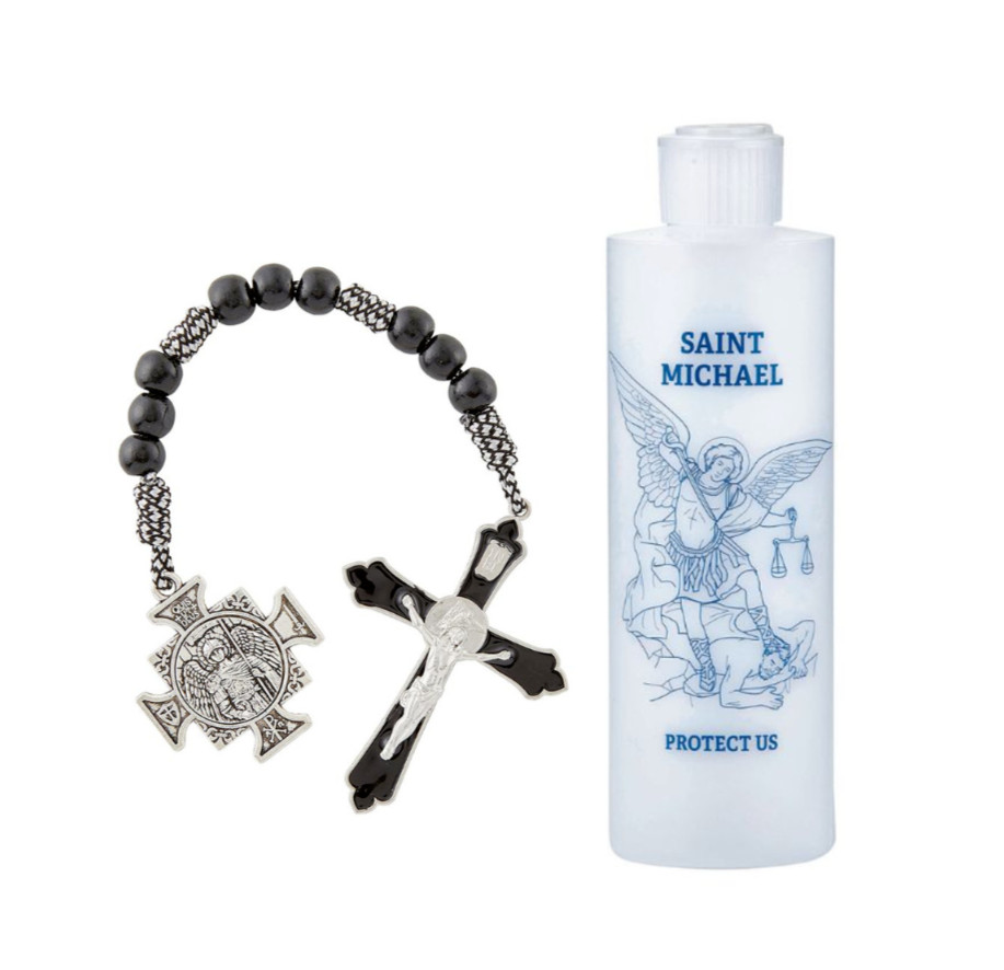 St Michael 1 Decade Rosary Tenacious Tenner & (empty) Holy Water Bottle Catholic