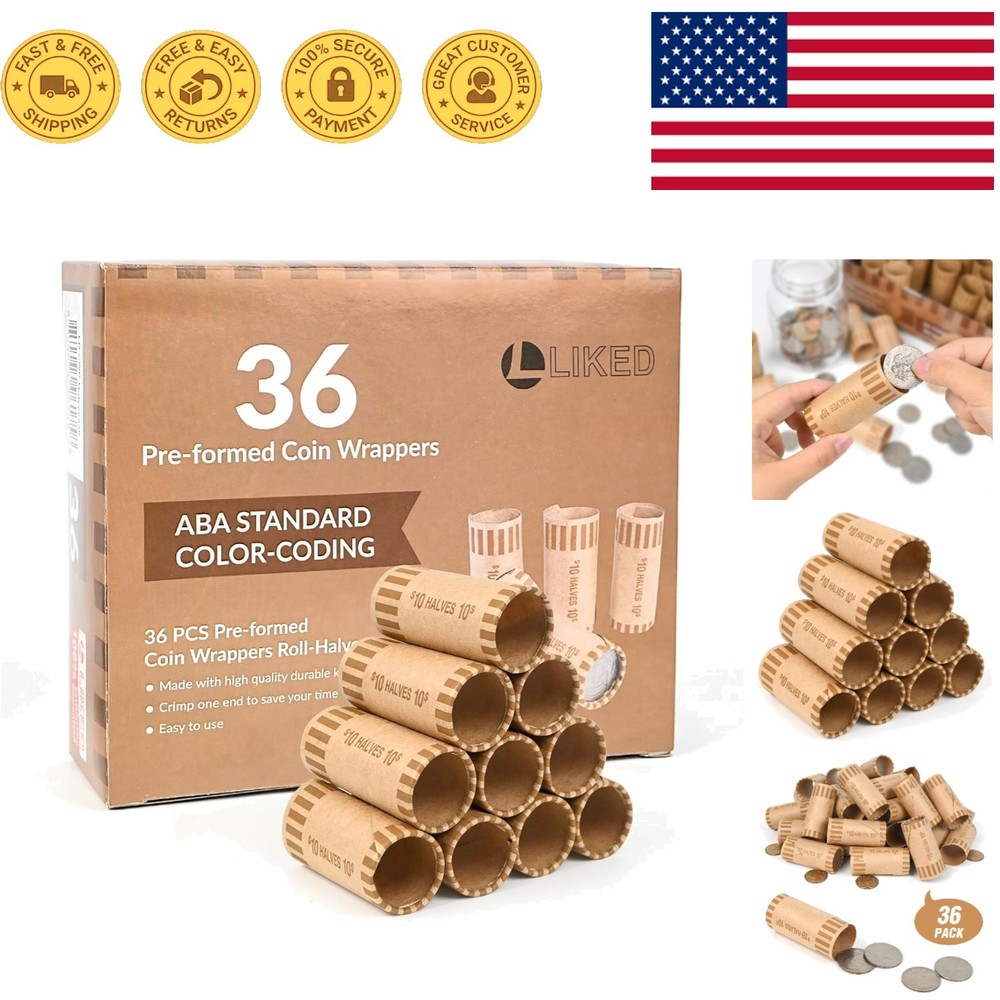 Durable 36 PCS Brown Coin Wrapper Rolls - Safe and Efficient Half Dollar Storage