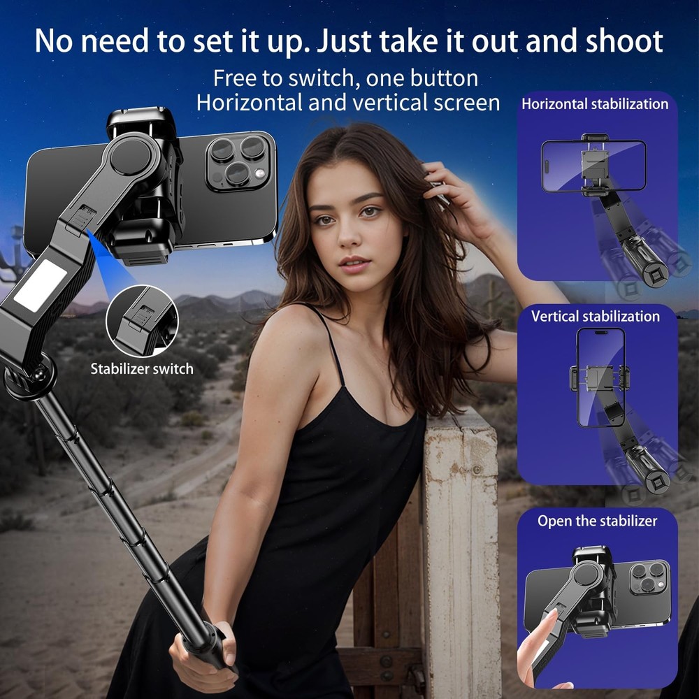 Smartphone Gimbal Stabilizer, 360° Rotation Single Axis Stabilizer with Light...