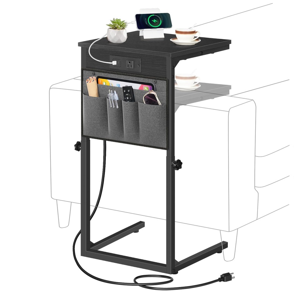 BB77USF01 Black C Shaped End Table With Charging Station Adjustable Height