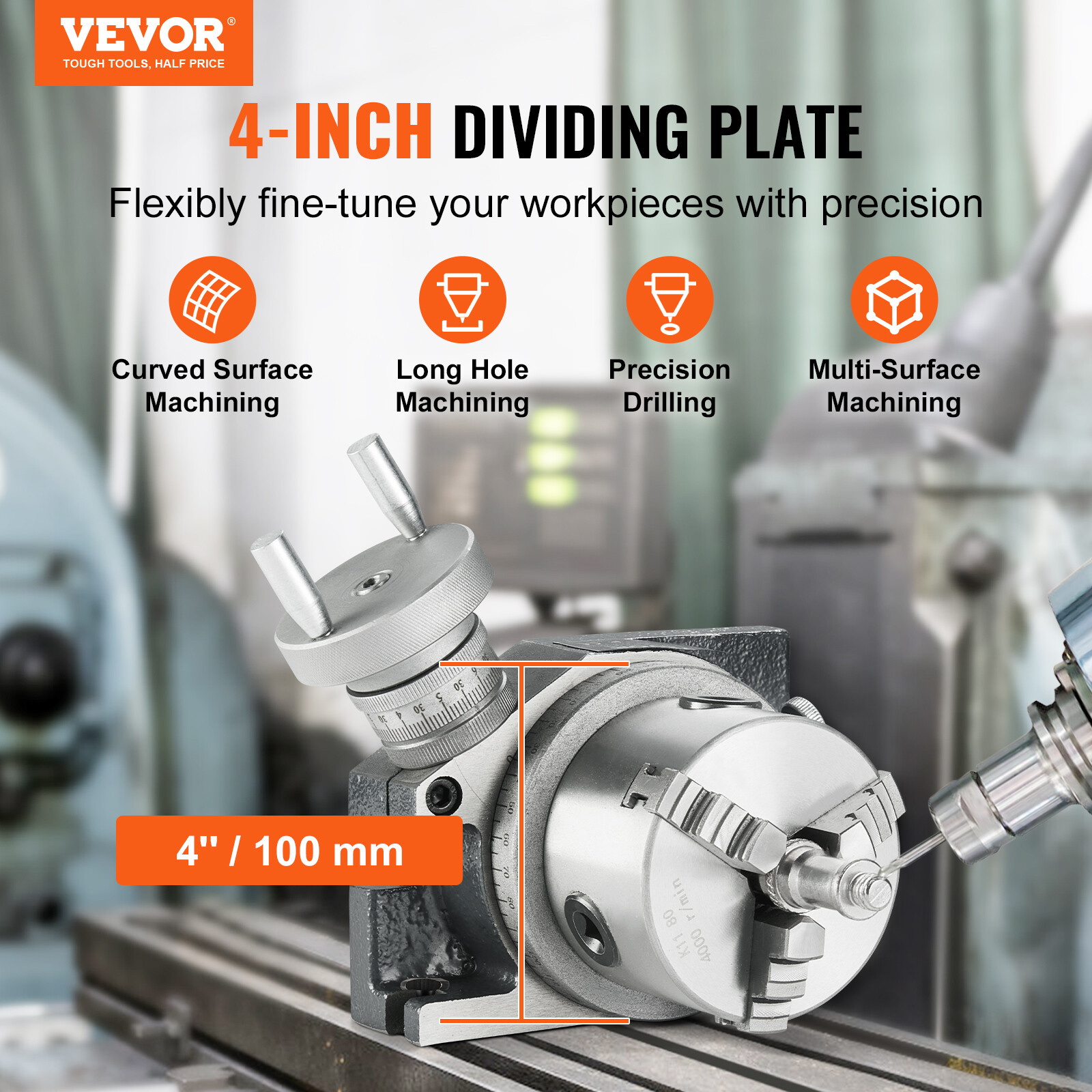 VEVOR Rotary Table for Milling Machines 4'' Horizontal Vertical with 3-Jaw Chuck