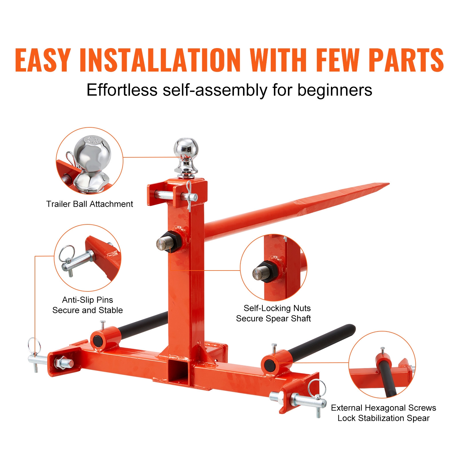 VEVOR 49" Hay Spear Bale Spears Skid 3-Point Hitch Tractor Attachment 1600lbs