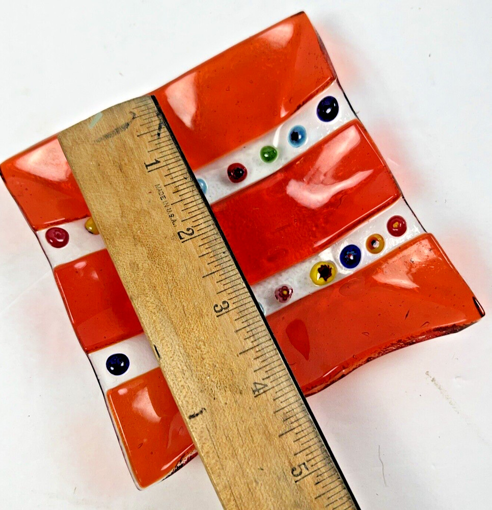 TWO Small Glass Orange + Multicolored Millefiori Square Trinket Dish Ashtrays