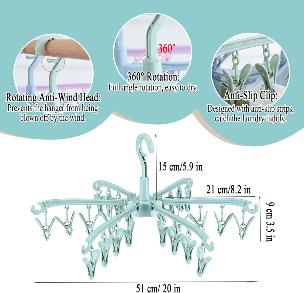 Rotating Clothes Drying Rack with 24 Clips Foldable Sock Hanger for Laundry