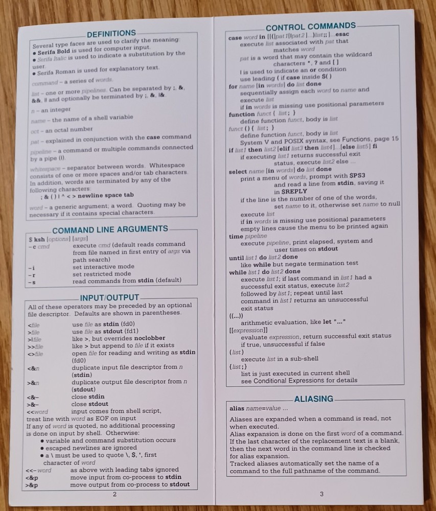Korn Shell Reference '91 + UNIX System V Command Summary '87 Vintage UNIX Cards