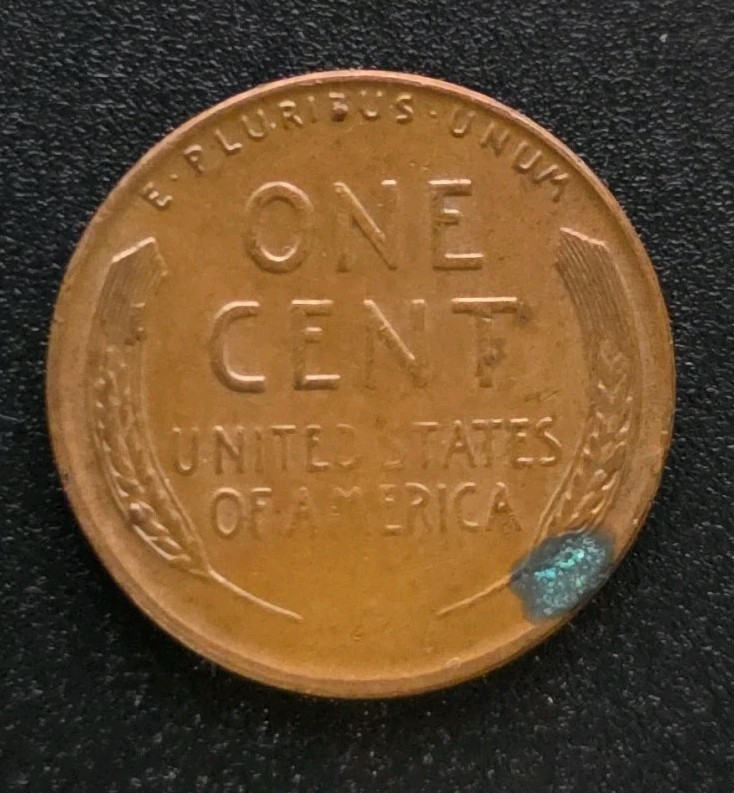 Error- 1955-S Wheat Penny Error. Die Chip on Reverse side