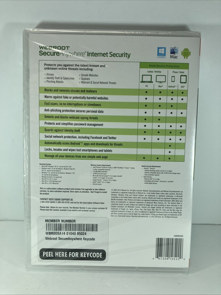 Webroot SecureAnywhere Advanced Security for PC, Mac & Mobile Devices New Sealed