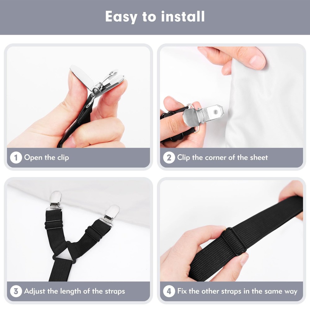 TEESSUE 4 Pcs Bed Sheet Straps, Adjustable Fitted Sheet Clips Keeping Sheets ...