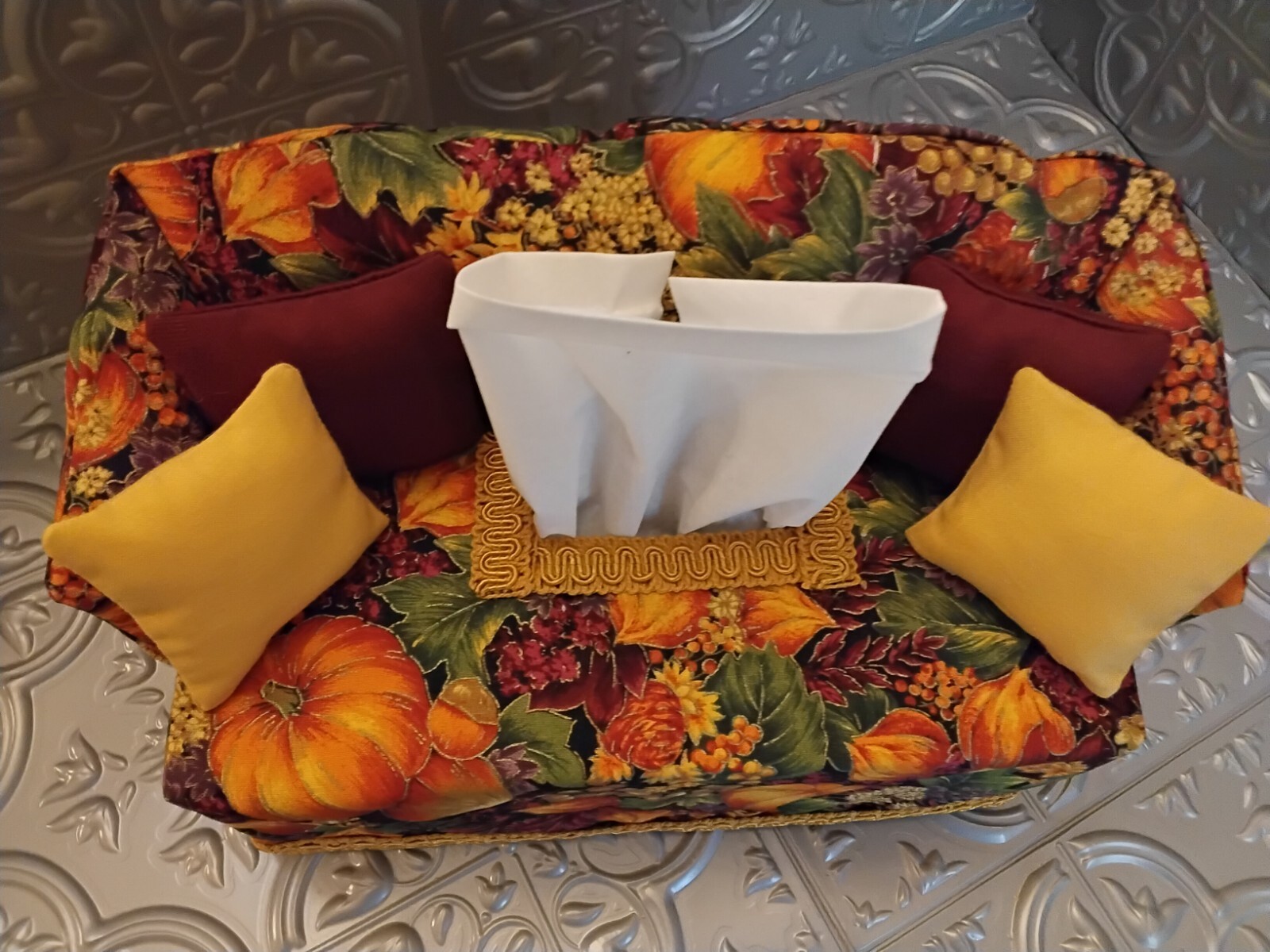 Harvest Patterned Fabric Sofa Tissue Box Cover Hand Made