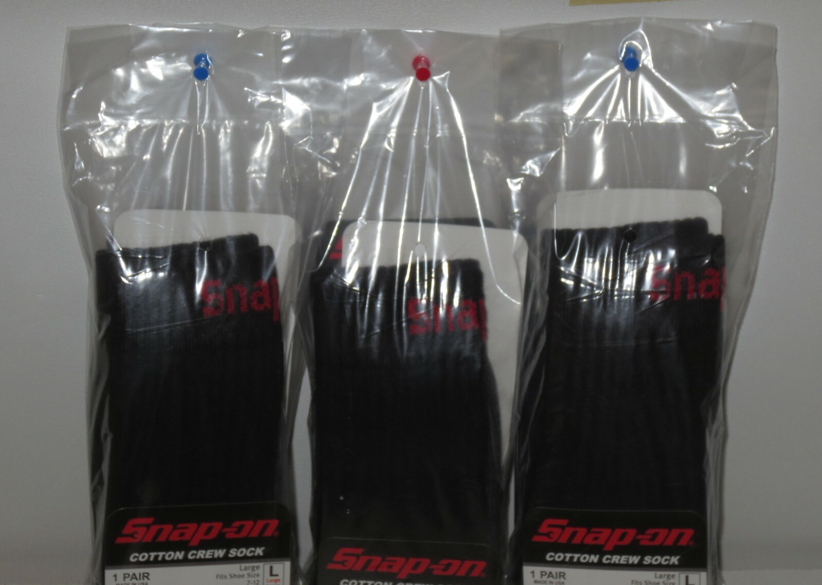 6 PAIRS - Snap-On Crew Socks Men's BLACK - LARGE ~ FREE SHIP ~ MADE IN USA *NEW*