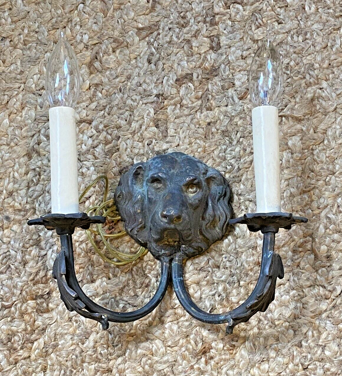 RARE PAIR Antique Two Arm Bronze Dog Wall SCONCE Lights Set of 2