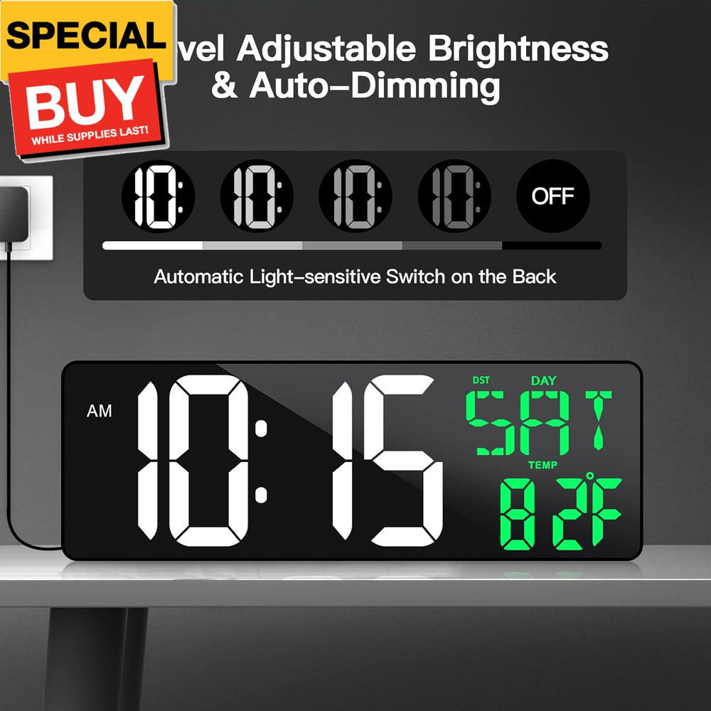 17 Inch Large Digital Wall Clock with Remote Control, Automatic Brightness Dimme