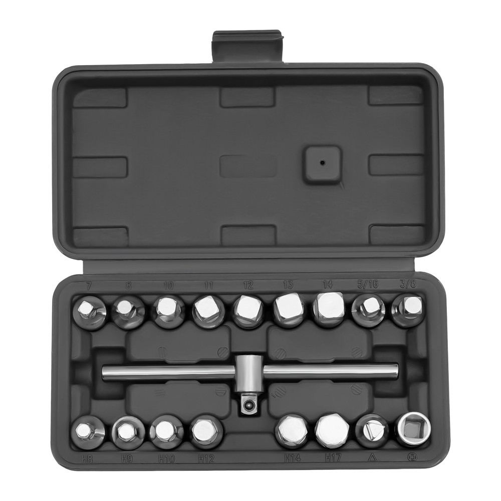 18PCS Oil Drain Pipe Plug Square Triangle Socket 3/8'' Drive Removal Tool Set