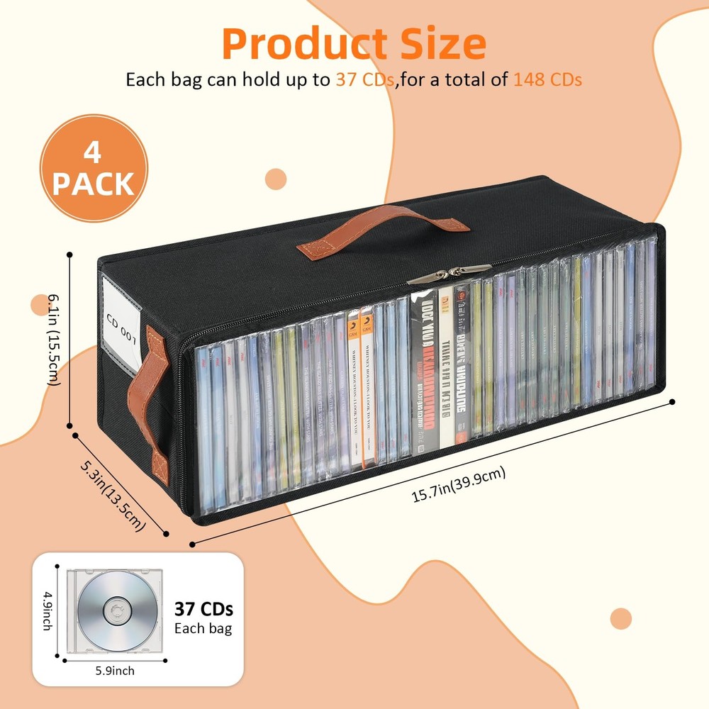 4 Pack CD Storage Box Stackable Case Holder with Front Zippered Clear Window