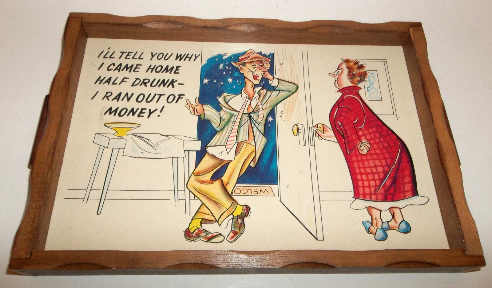 Vtg Wooden Bar Room Decor Funny Tray Sign Tipsy Man & Housewife Woman