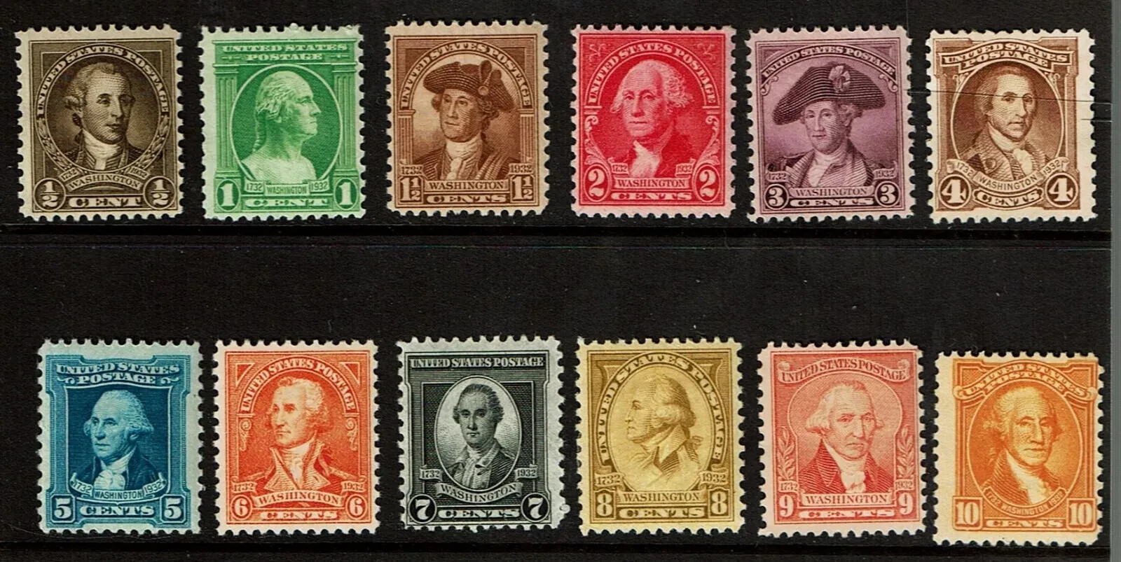 US  #704-15 Washington Bicentennial 1932 full set, 12v, MNH/MH