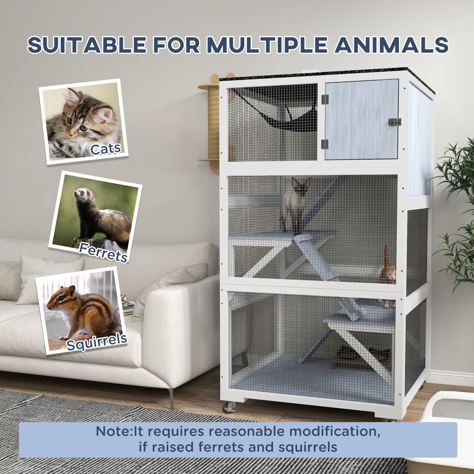 Catio, Outdoor Cat Enclosure House on Wheels with Hammock, Gray