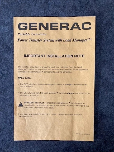 Generac Portable Generator Power Transfer System With Load Manager Model 1276-1