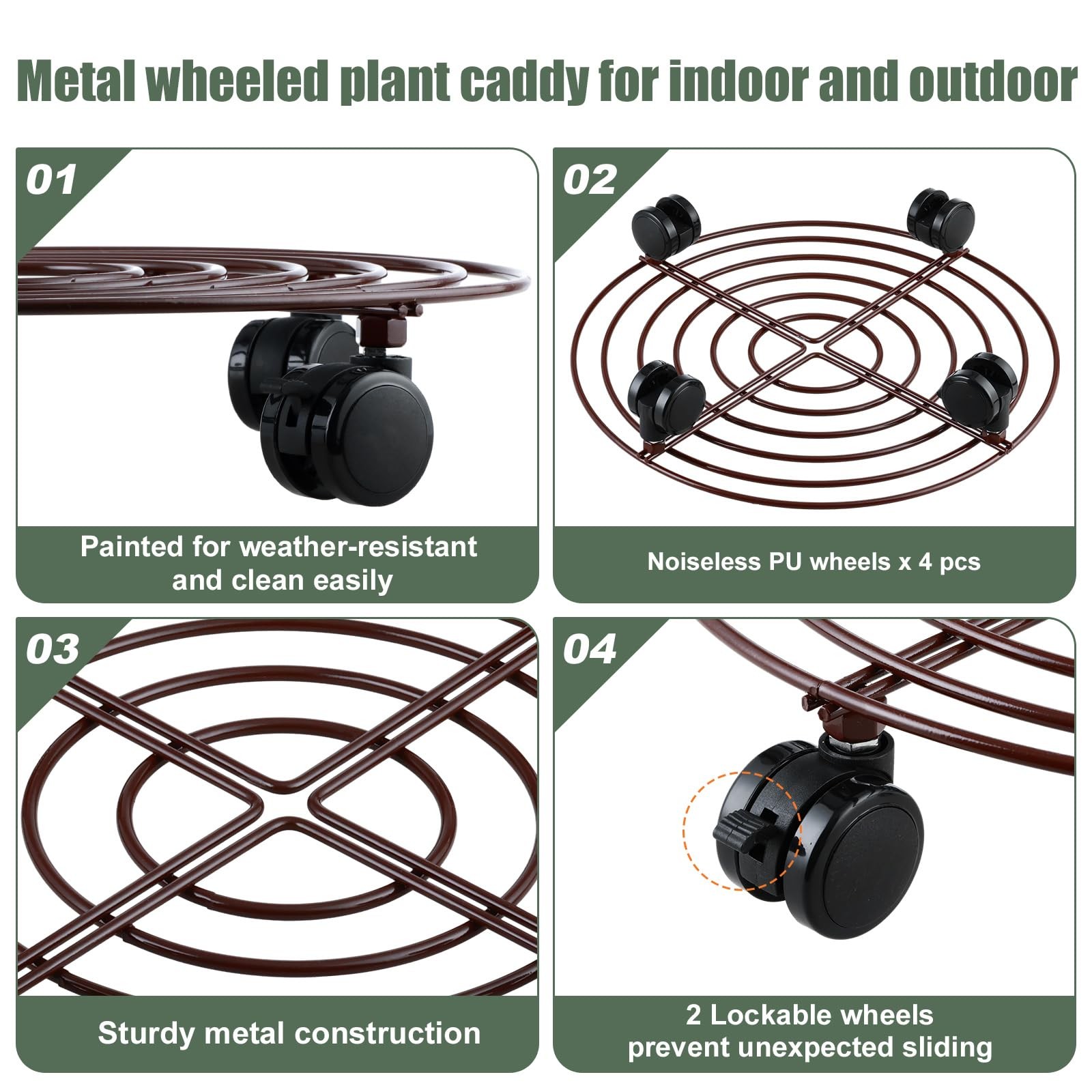 6 Packs Large Metal Plant Caddy with Wheels 14" Rolling Plant Stands Heavy-du...