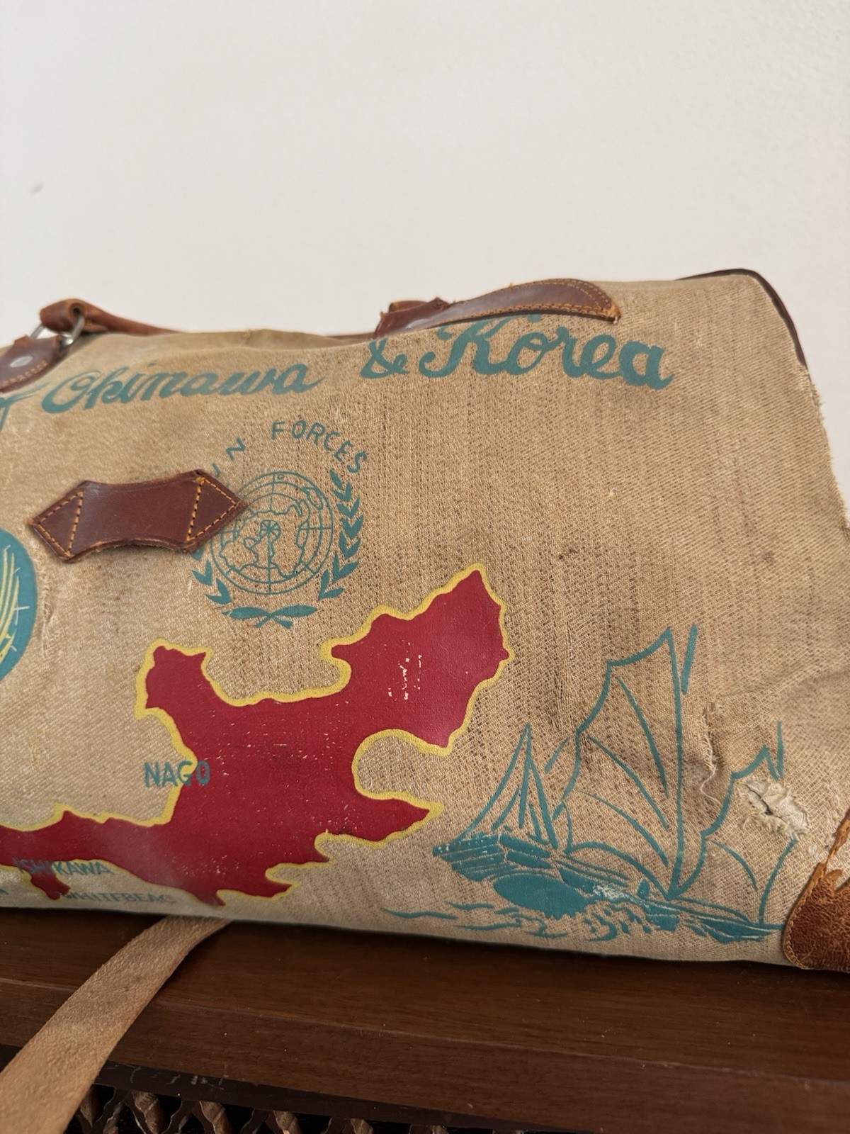 1950s Vtg Korean War Hand Painted Okinawa & Korea UN Forces Souvenir Duffel Bag