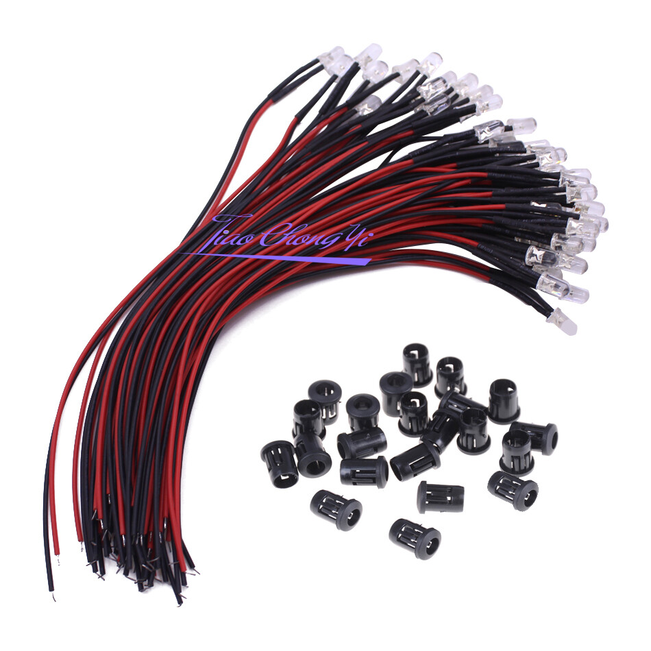 10-100PCS 5mm 12V white Red Round Pre-wired water Clear led with Plastic Holder