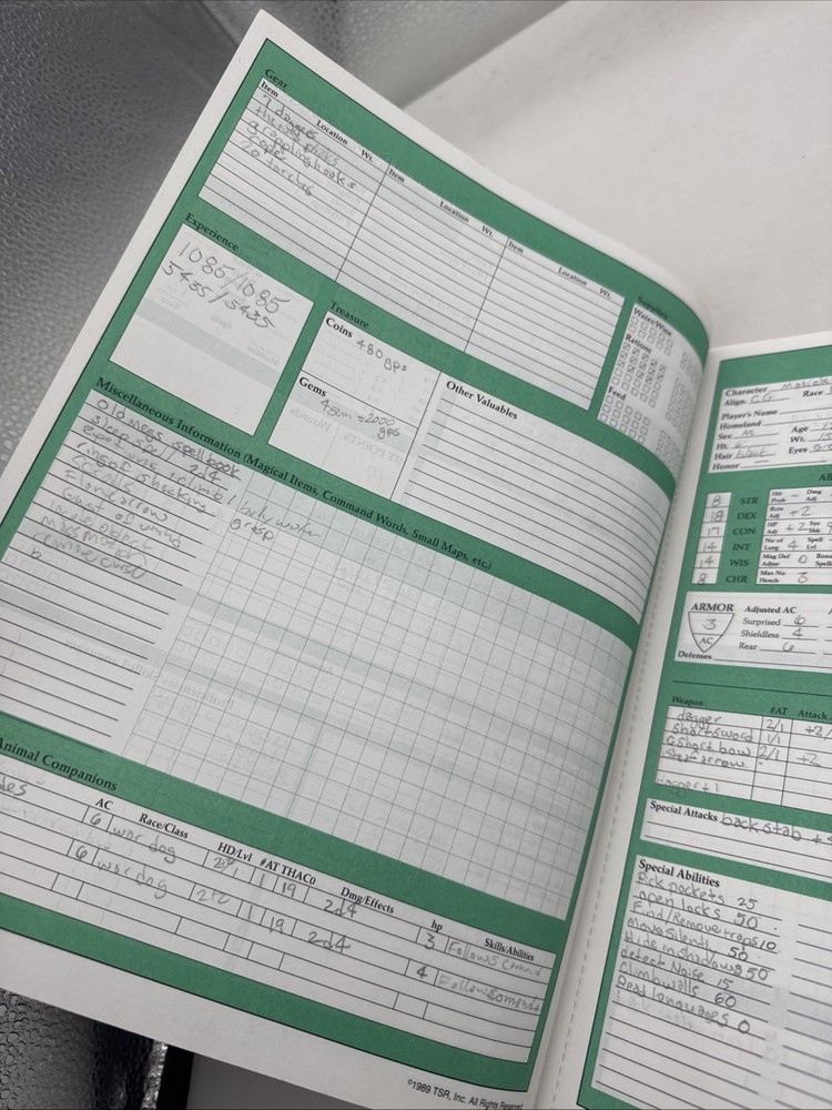 TSR Advanced D&D Dungeons and Dragons 2nd Ed Character Record Sheets