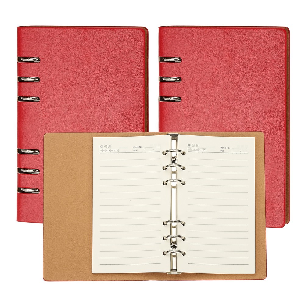 A6 Refillable Leather Notebook, 2Pcs 6 Ring Hardcover Binder Notebook, Red
