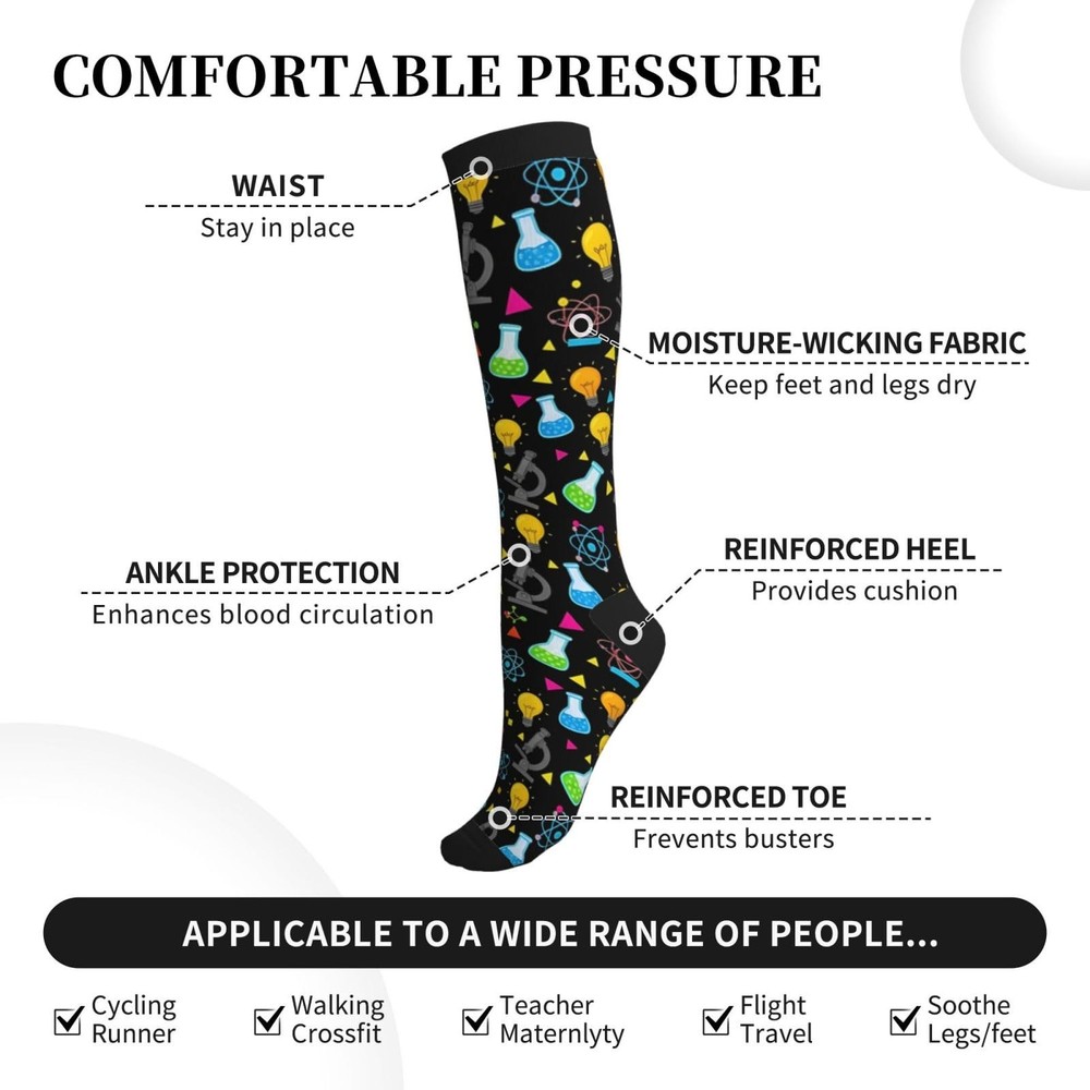 WOAIDY Knee High Compression Socks with One Size, Science Doodle Black