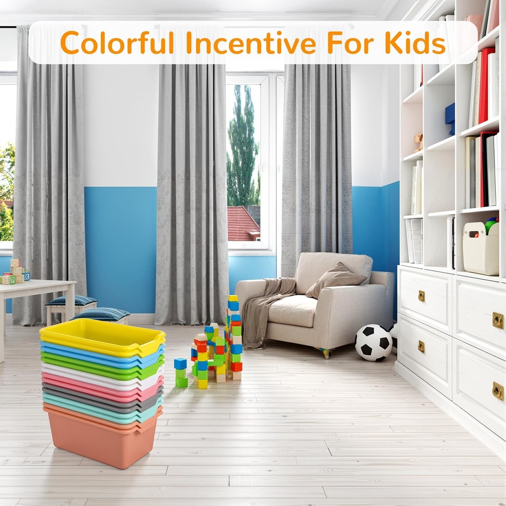 16 Pcs Plastic Book Bins, Scoop Front Cubby Storage Bins, 8 Color Stackable O...