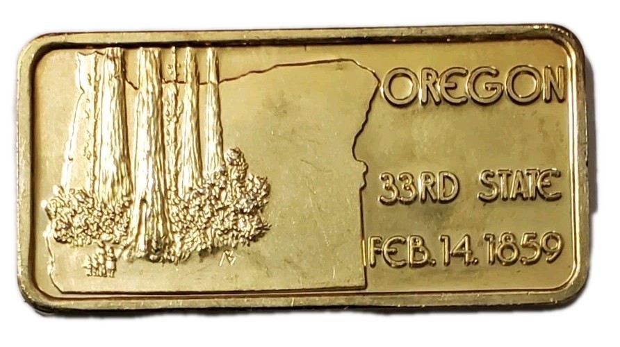 1 Oz Silver 33TH State OREGON Gilded Bar.