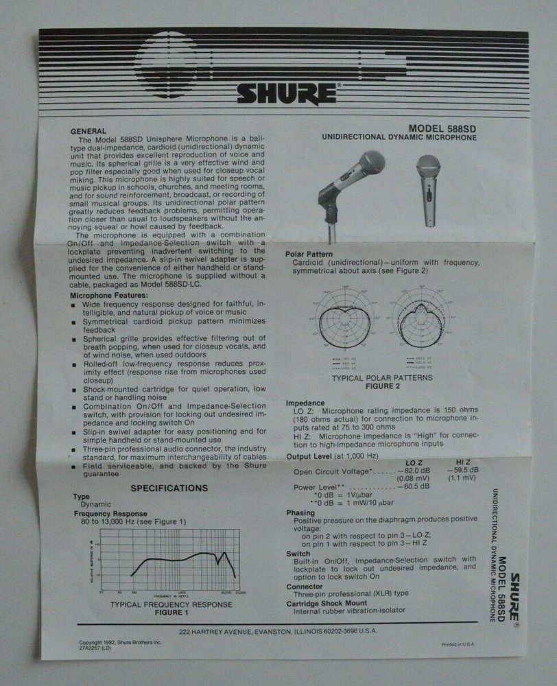 SHURE model 588SD unidirectional Dynamic Microphone sheet brochure