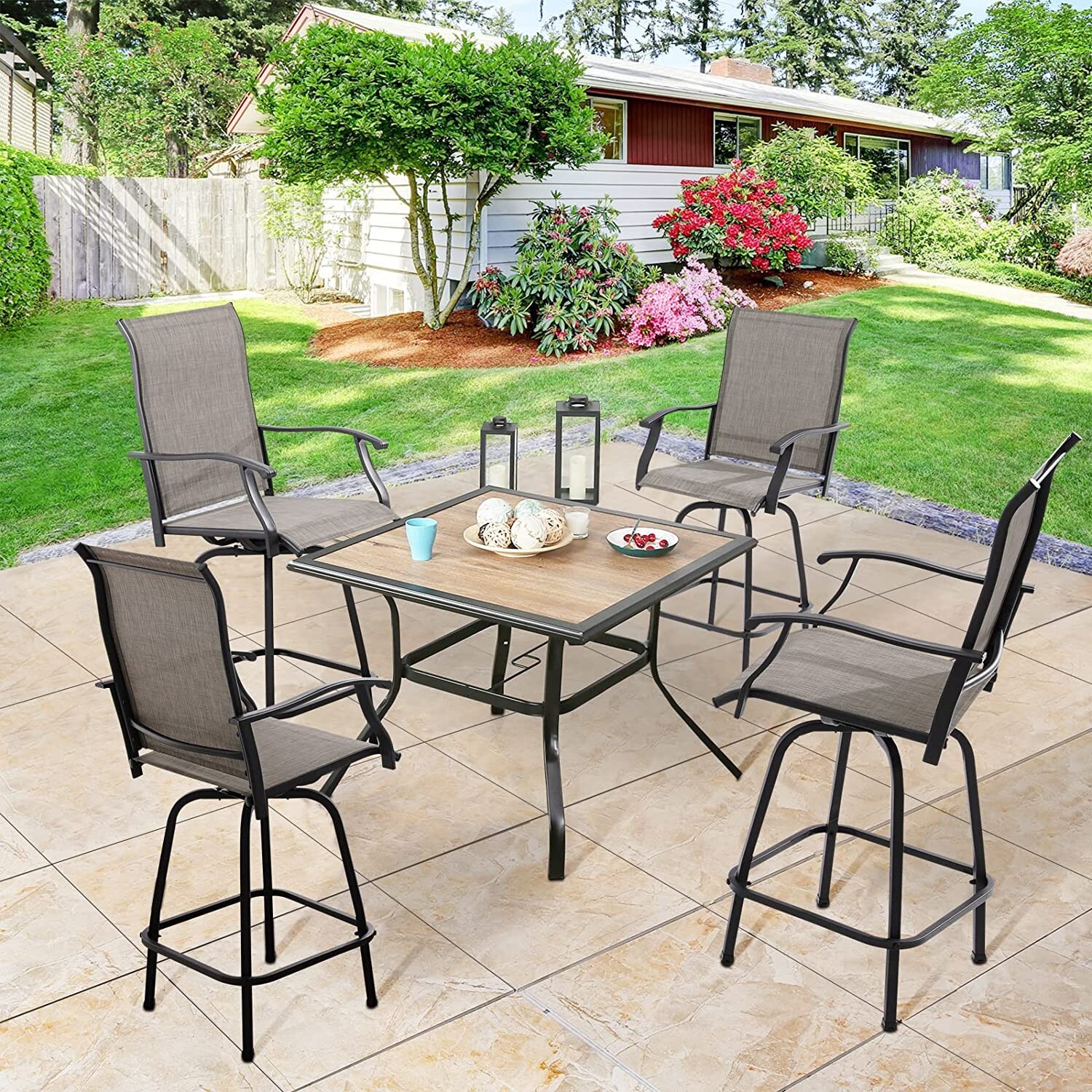 Swivel Patio Chairs Set of 4 Height Bar Stools Outdoor Bistro Armrest Chairs Set