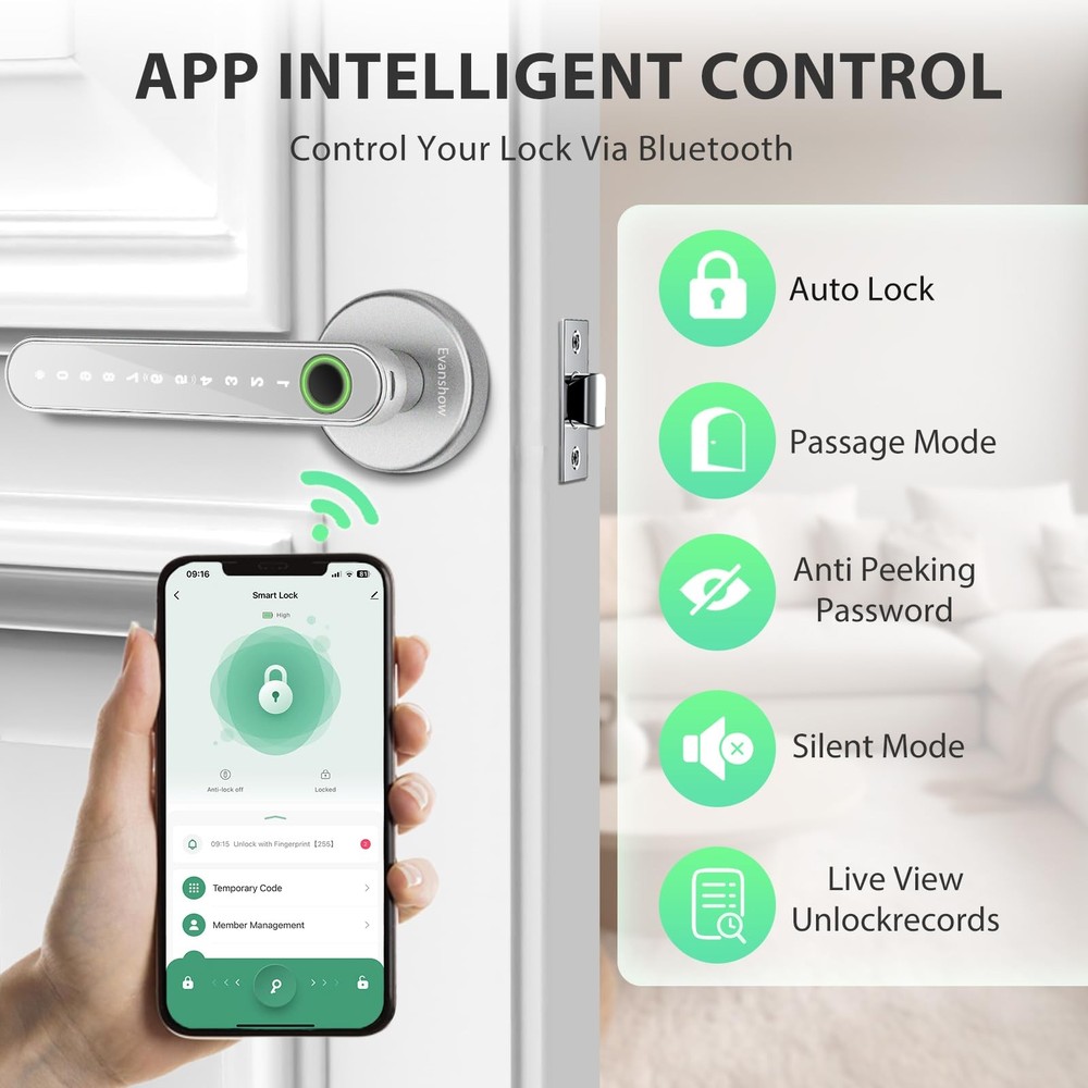 Evanshow Smart Door Lock with Knob, Keyless Entry Locks With APP, Black