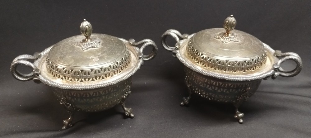 Pair Open Lattice Silver Plate Footed Dishes w/Lids & Snake Handles Made by SB&M