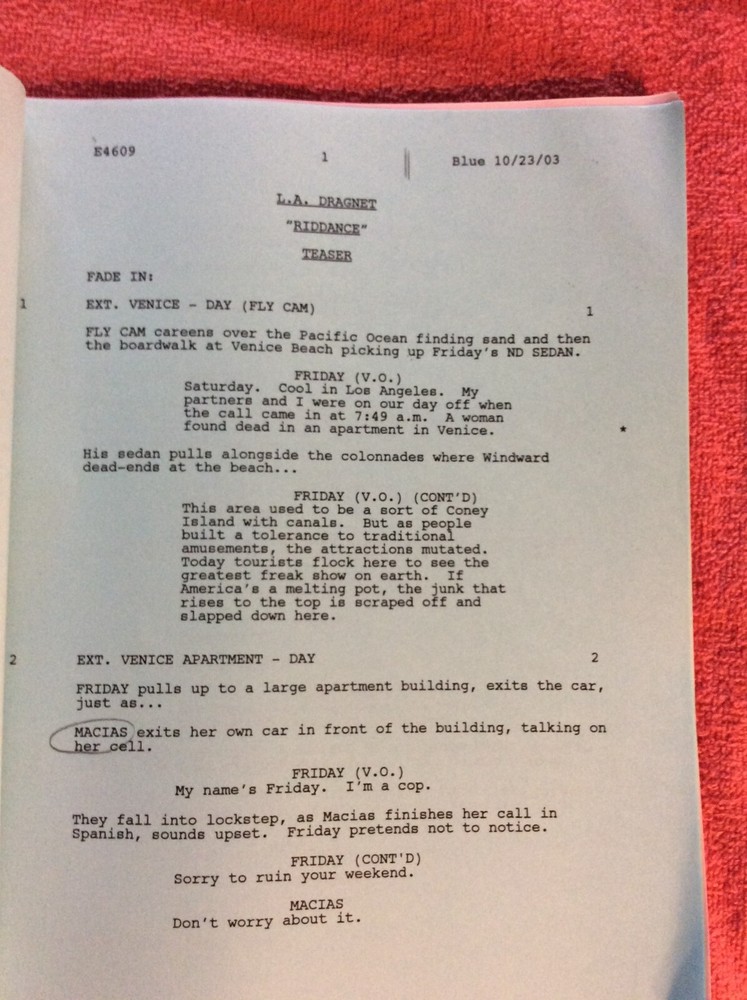 ORIGINAL SCRIPT L.A. DRAGNET RIDDANCE ED O'NEILL EVA LONGORIA ETHAN EMBRY