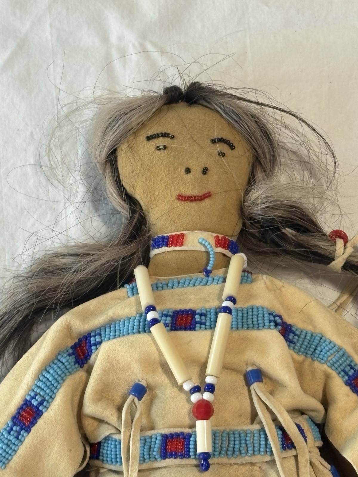 Vintage Native American Handmade Buckskin Beaded Doll 16"” Real Hair