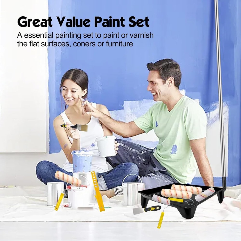 13pcs Paint Roller Set,Paint Rollers & Tray Set with Extension Pole,Includes a P
