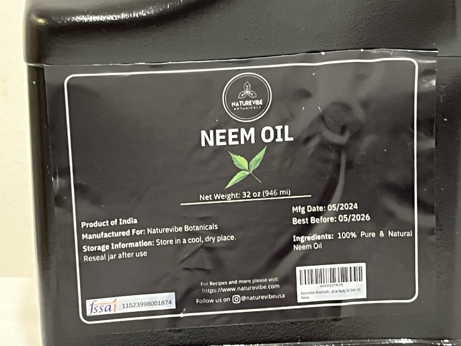 Naturevibe Neem Oil 32 Oz Exp 6/26 100% Pure and Natural Sealed