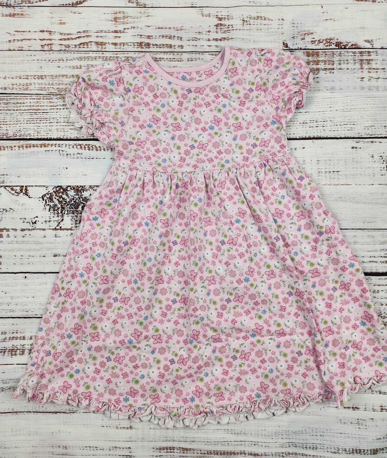 Y2K Spring Dress 5T George Pink Floral Butterfly Ruffle Hem Cottagecore CC