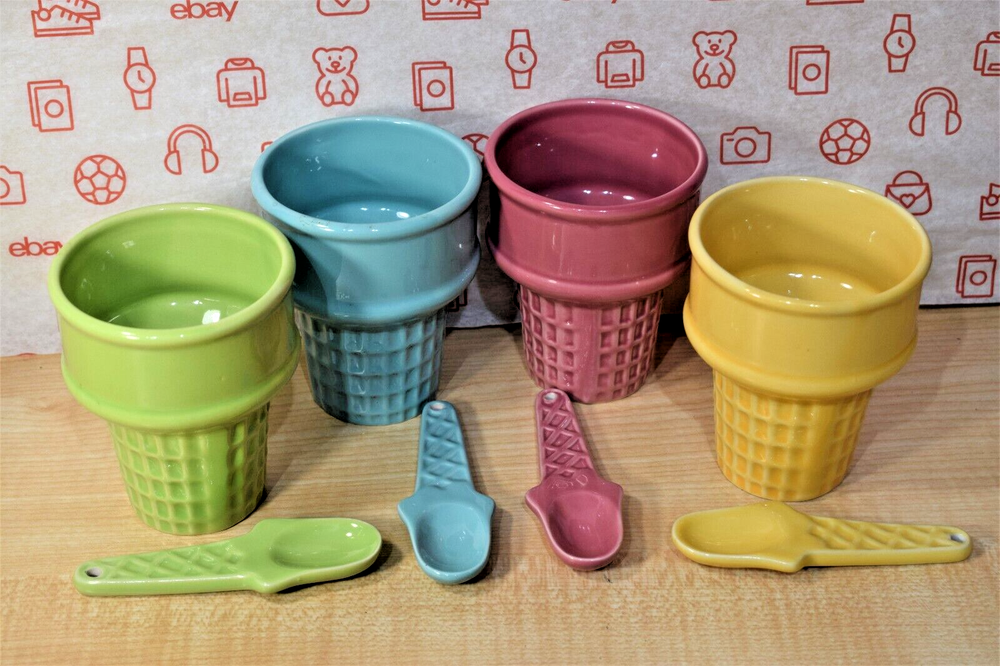 Ceramic Ice Cream Cone with Spoons - Set of 4