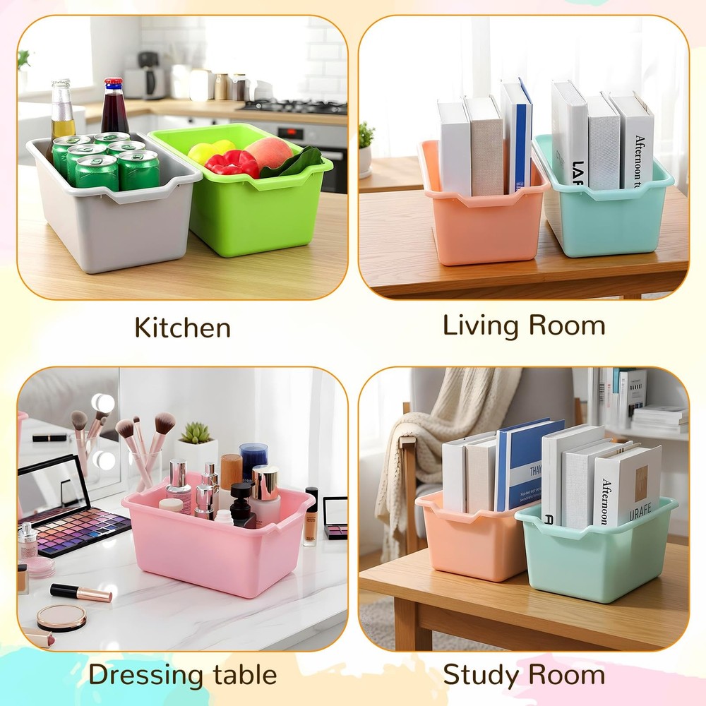 16 Pcs Plastic Book Bins, Scoop Front Cubby Storage Bins, 8 Color Stackable O...